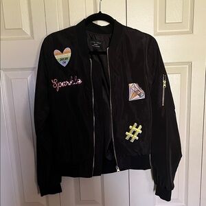 Love Tree Black Bomber Jacket with Colorful Patch Accents